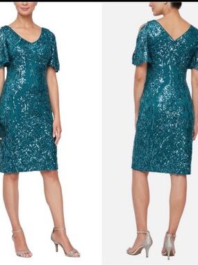 Alex Evenings Teal Sequin V-Neck Midi Dress